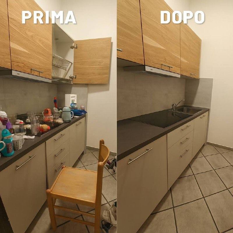 Cucina prima e dopo la pulizia: a sinistra piano di lavoro pieno di stoviglie e pensile aperto, a destra piano libero e superfici pulite