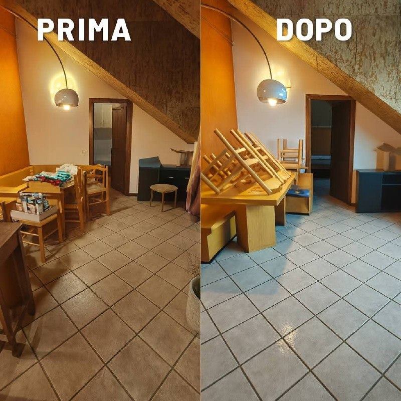 Soggiorno in mansarda prima e dopo la pulizia: a sinistra tavolo ingombro e pavimento opaco, a destra sedie sollevate sul tavolo e pavimento lavato e lucido